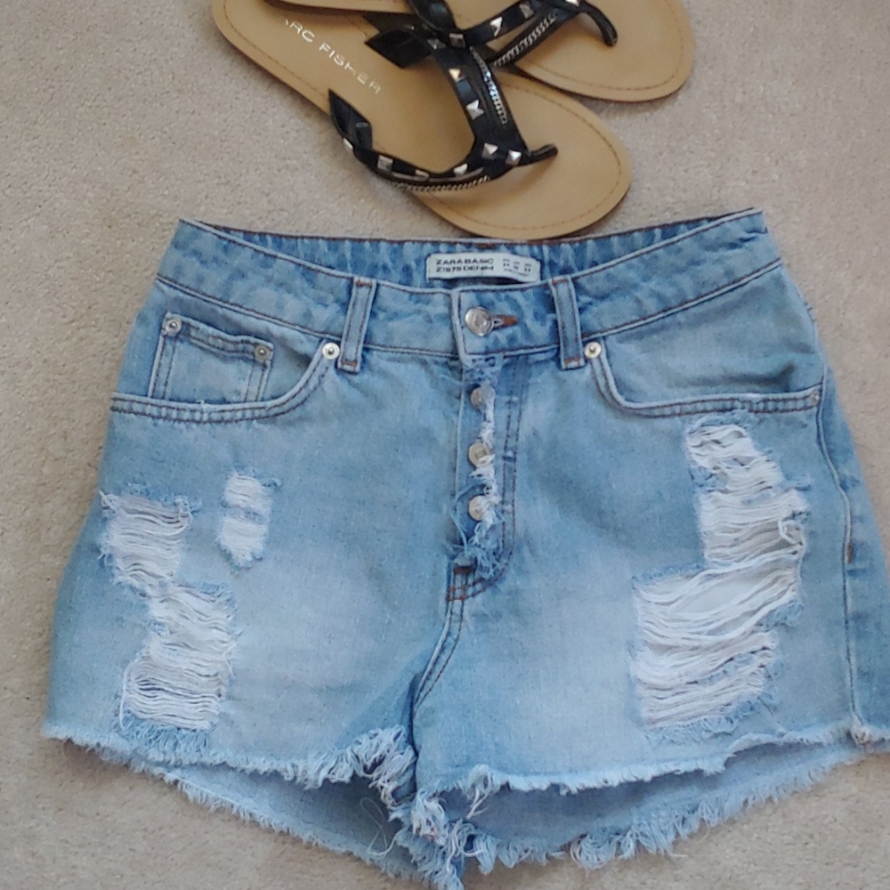 Zara Z1975 Denim High Rise Destroyed Shorts